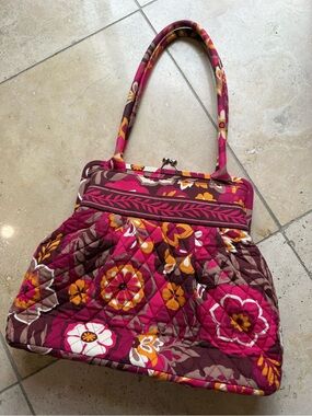 Vera Bradley Quilted Floral Frame-Top Tote in Magenta, Brown and Yellow